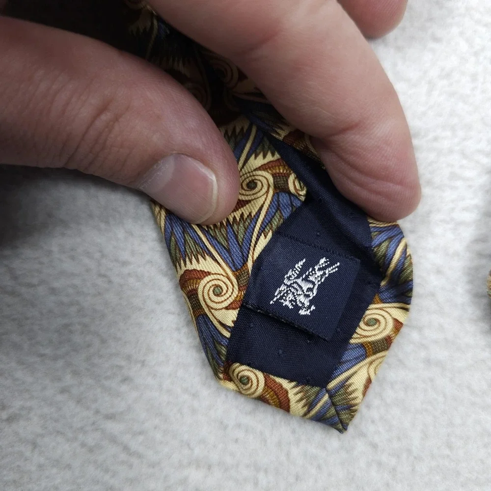VINTAGE Burberrys Tie Mens Silk Blue Gold Geometric Pattern Egyptian 90s USA